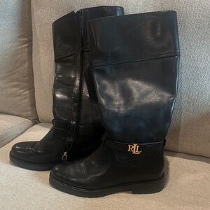 Ralph Lauren Black Leather Boots with Gold Logo